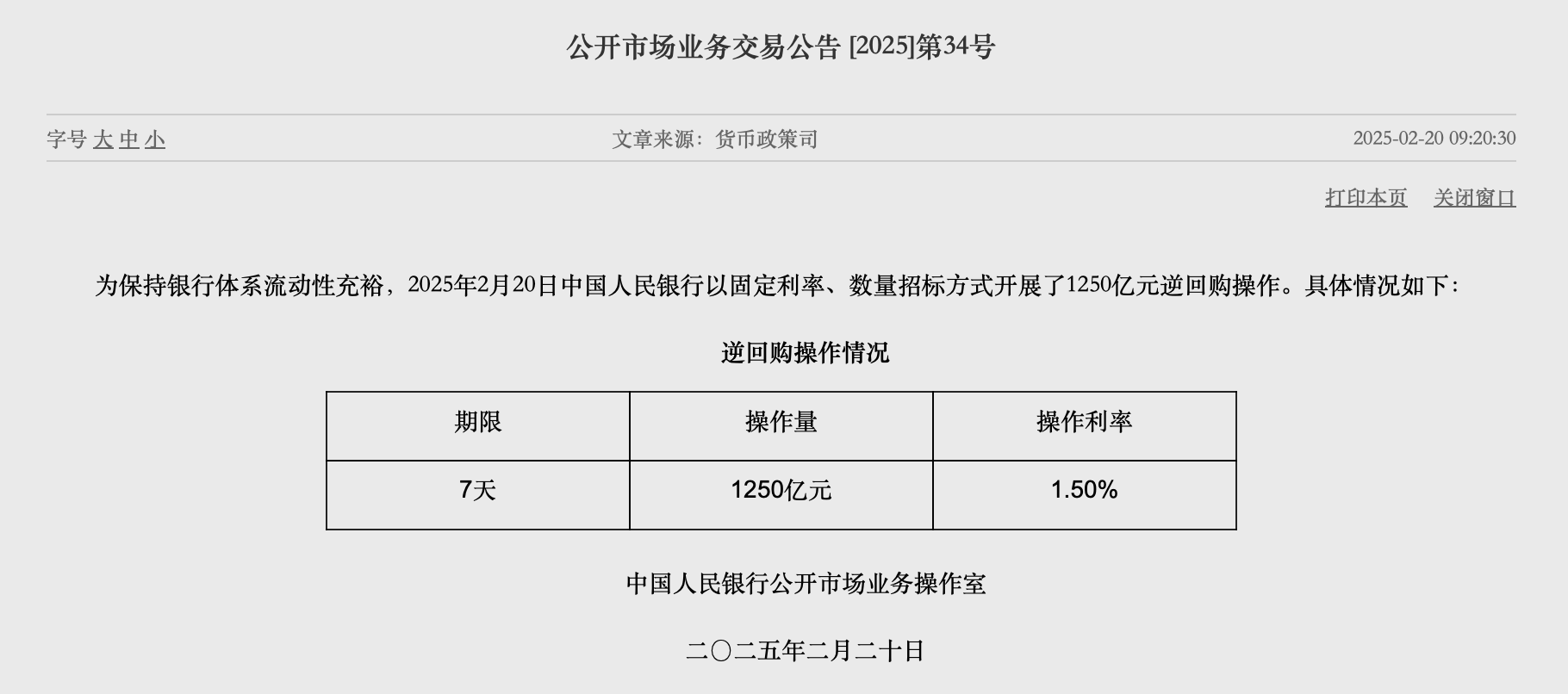 央行今日开展1425亿元7天逆回购操作